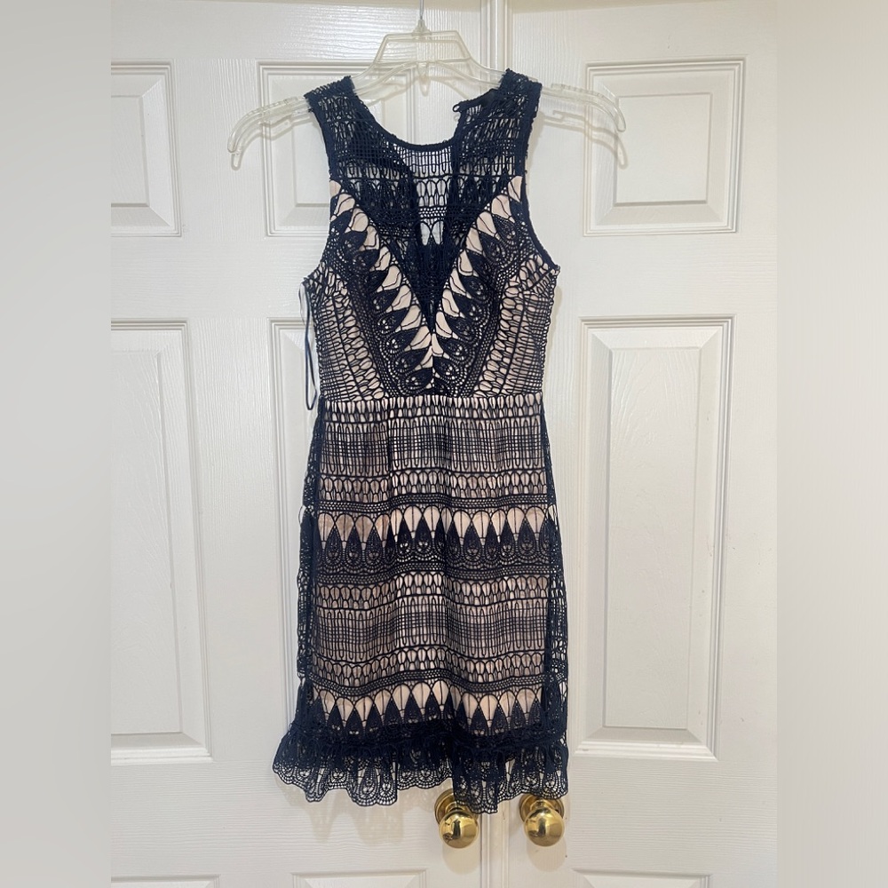 Aqua Crochet Overlay Sheath Navy Sleeveless MIDI Party Wedding Guest Dress XS